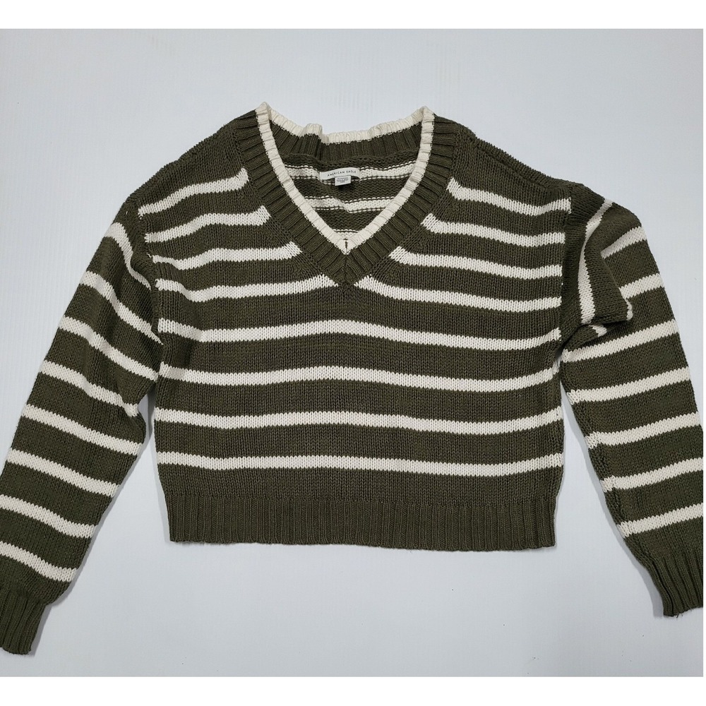 Y2K American Eagle Striped V-Neck Sweater Olive Green White Knit Pullover XS